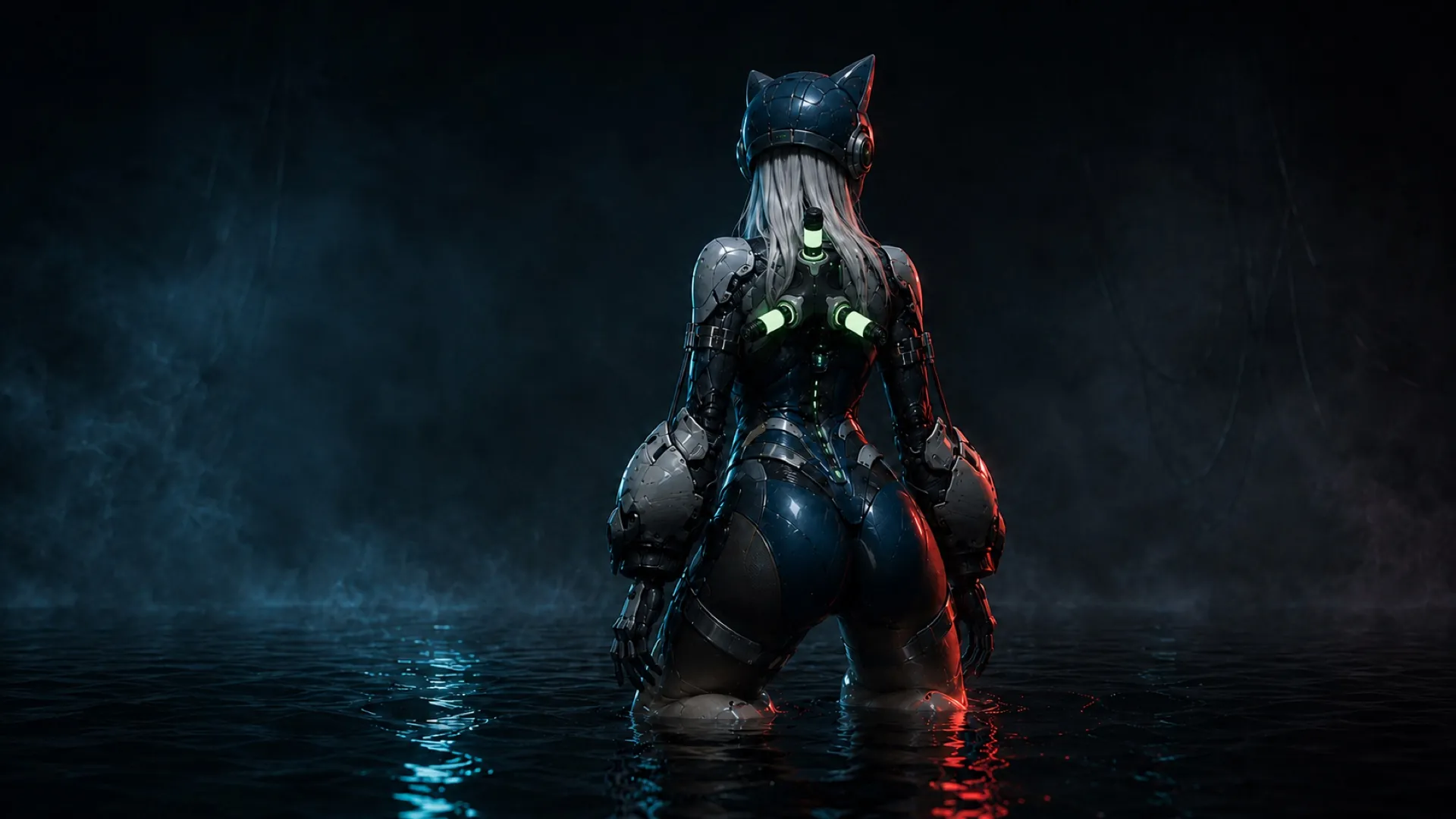 Portal Sever key art — an armoured Pilot standing in dark water, lit by her resonance reactor