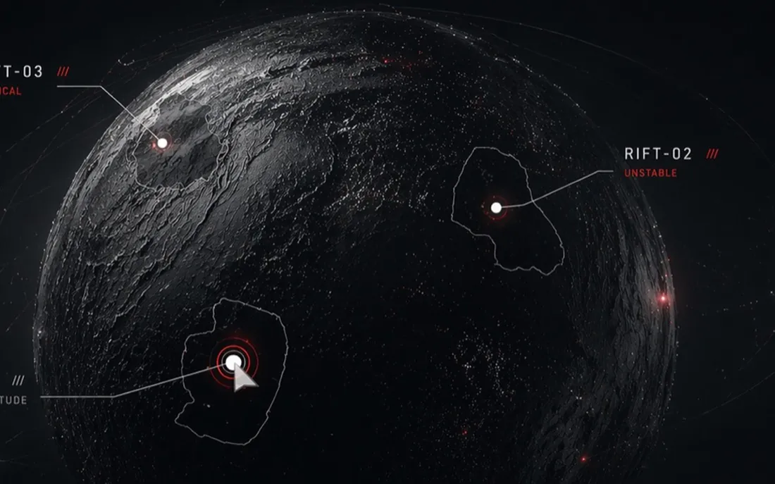 Portal Sever rift map — orbital view of the rift-scarred surface